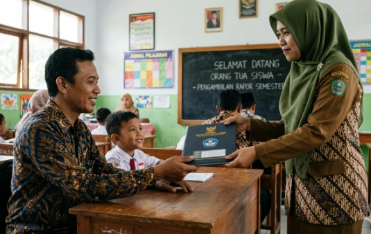Seorang ayah mendampingi anaknya dan menerima buku rapor dari guru di dalam kelas, merepresentasikan kebijakan kehadiran ayah sebagai syarat ambil rapor dan aturan sekolah baru di Jateng.