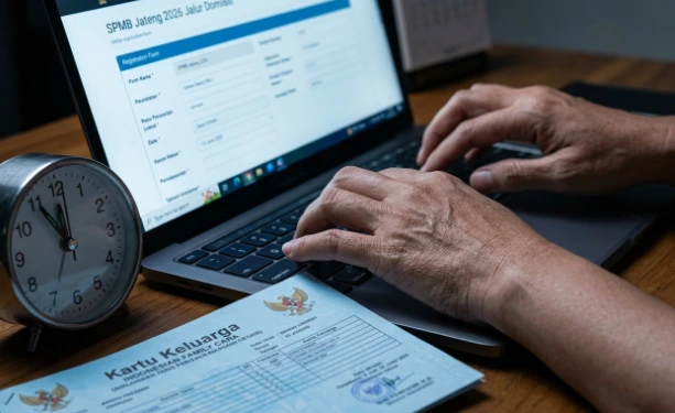 Tangan seseorang mengetik cepat di atas keyboard laptop untuk mengisi formulir pendaftaran daring, disandingkan dengan dokumen Kartu Keluarga (KK) berwarna biru dan jam meja analog yang menunjukkan sisa waktu yang semakin menipis