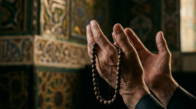 Sebuah bidikan close-up dari tangan seorang jemaah lansia yang berkerut, menengadah dalam doa yang sungguh-sungguh sambil memegang tasbih kayu, dengan latar belakang pola geometris masjid yang buram.