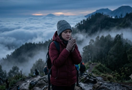 Seorang wisatawan wanita muda memakai jaket puffer merah tebal, kupluk knit abu-abu, dan gloves menggosok kedua tangannya menahan dingin ekstrem. Ia berdiri di puncak pegunungan Jawa Tengah saat fajar (blue hour), dengan latar belakang lautan awan tebal yang menyelimuti lembah dan puncak gunung vulkanik di kejauhan.