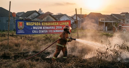 Petugas Dinas Pemadam Kebakaran menyemprotkan air untuk memadamkan api di lahan kering dekat permukiman sebagai langkah mitigasi darurat kebakaran Semarang pada musim kemarau 2026.