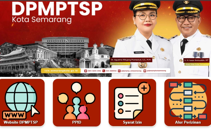 Banner portal DPMPTSP Kota Semarang menampilkan Wali Kota Agustina Wilujeng Pramestuti dan Wakil Wali Kota Iswar Aminuddin beserta ikon menu syarat izin, sebagai representasi layanan perizinan online Jateng yang mudah dan transparan.