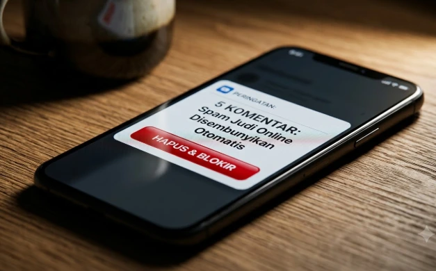 Layar smartphone menampilkan notifikasi 5 komentar spam judi online disembunyikan otomatis setelah pengguna mengaktifkan fitur saring kata kunci