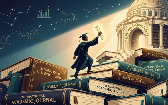 Ilustrasi seorang akademisi mendaki tumpukan buku menuju pengakuan global, merepresentasikan cara tembus jurnal internasional bersama panduan Elsevier.