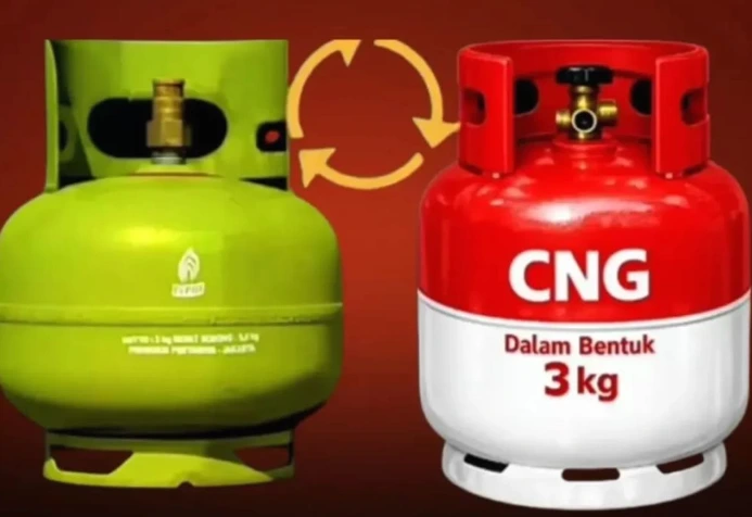 Ilustrasi grafis transisi tabung gas melon hijau ke tabung merah putih sebagai simbol rencana program CNG pengganti LPG 3 kg untuk rumah tangga di Jawa Tengah.