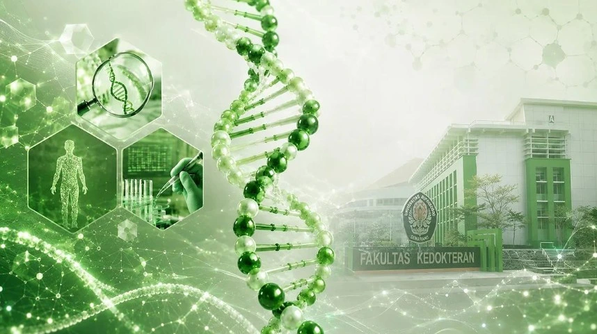 Ilustrasi molekul DNA dan gedung Fakultas Kedokteran UNDIP yang merepresentasikan inovasi layanan Klinik Genetik Semarang untuk skrining penyakit keturunan dan tes genetik kanker.