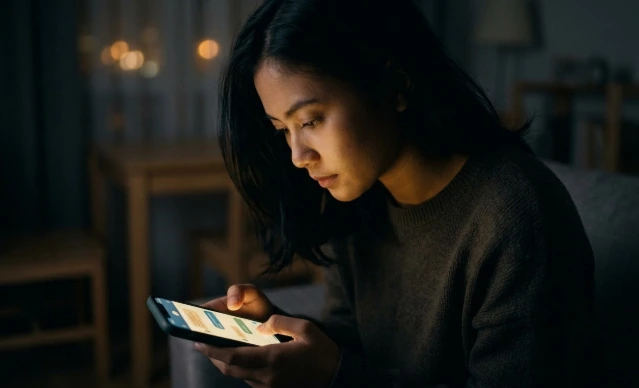 Seorang perempuan muda sedang mengakses layanan konsultasi psikologi online melalui ponsel pintar di ruangan gelap, mengilustrasikan kemudahan program psikolog gratis Logis untuk menangani kesehatan mental warga Jawa Tengah.