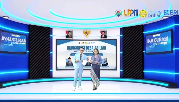 Dua presenter memandu acara virtual Inaugurasi Desa BRILian Batch 1 Tahun 2026 di studio modern, menandai kolaborasi BRI dan Unsoed dalam mewujudkan ekosistem Desa 5.0.