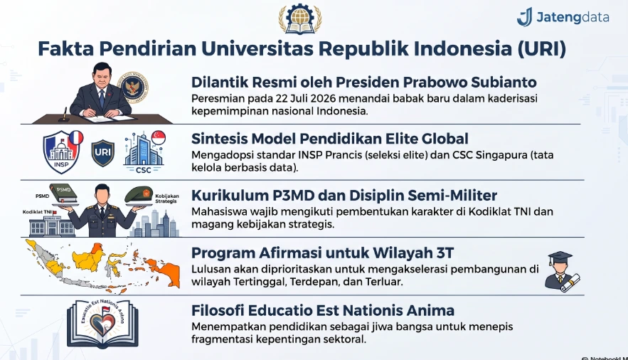 Infografis Jatengdata memuat lima fakta pendirian Universitas Republik Indonesia (URI) oleh Presiden Prabowo, menyoroti kurikulum semi-militer P3MD dan program afirmasi 3T untuk mencetak calon pemimpin bangsa.