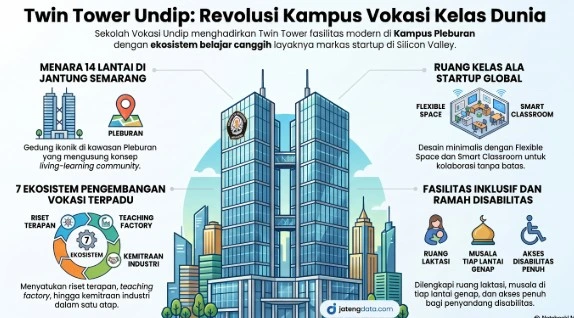 Infografis fasilitas modern Twin Tower Vokasi Undip di pusat Kota Semarang yang menampilkan ruang kelas ala startup global, tujuh ekosistem pengembangan vokasi terpadu, serta fasilitas inklusif ramah disabilitas.