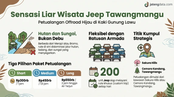 Infografis rincian tiga pilihan harga paket dan rute Wisata Jeep Gunung Lawu Tawangmangu, menampilkan keunggulan jalur hutan lebat serta titik kumpul di Sakura Hills dan Cemoro Kandang.