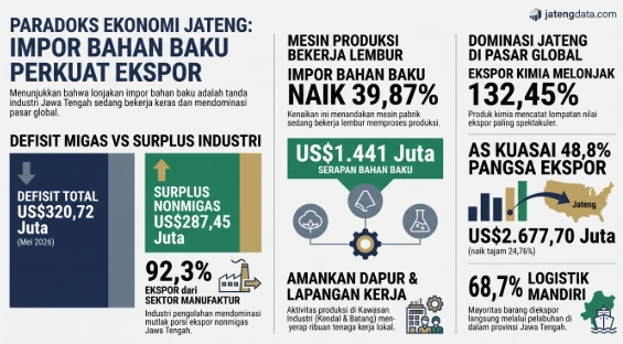 Infografis Paradoks Ekonomi Jateng bersumber dari BPS Mei 2026. Visual ini membedah bagaimana lonjakan impor bahan baku Jateng sebesar 39,87 persen menjadi penggerak utama yang memperkuat ekspor industri Jateng. Data menunjukkan surplus neraca perdagangan Jateng di sektor nonmigas mencapai US$287,45 juta, mendominasi pasar global terutama Amerika Serikat.