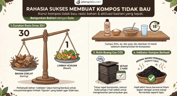 Infografis panduan langkah demi langkah cara membuat kompos tidak bau, menampilkan takaran rasio bahan organik, proses aktivasi bakteri EM4, jadwal pembuangan gas, dan indikator keberhasilan pupuk kompos.