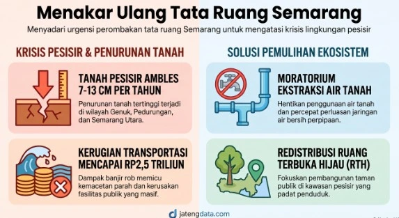 Infografis detail dari jatengdata.com mengenai krisis tata ruang Kota Semarang, menyoroti penurunan muka tanah 7-13 sentimeter per tahun di wilayah pesisir, kerugian transportasi triliunan rupiah akibat banjir rob, serta solusi moratorium air tanah dan redistribusi Ruang Terbuka Hijau (RTH).