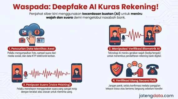 Infografis tahapan modus penipuan deepfake AI yang menguras rekening bank, mulai dari pencurian data KTP, manipulasi biometrik wajah, hingga voice phishing, dilengkapi panduan mitigasi verifikasi fisik oleh jatengdata.com.