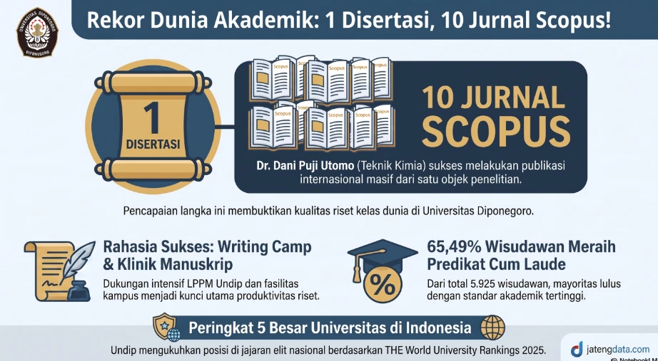 Infografis rekor akademik Dr Dani Puji Utomo yang berhasil tembus 10 jurnal Scopus dari 1 disertasi pada Wisuda UNDIP 2026, dilengkapi persentase lulusan cum laude dan peringkat THE WUR 2025.