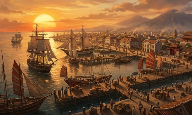 Ilustrasi pelabuhan laut historis Semarang yang kosmopolitan di masa kejayaan, menampilkan berbagai kapal layar Tiongkok dan Barat berlabuh di dermaga kayu yang sibuk, dikelilingi oleh bangunan kota dan pegunungan saat matahari terbenam.