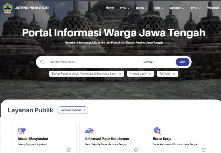 Tangkapan layar beranda portal jatengprov.go.id dengan latar belakang Candi Borobudur sebagai bagian utama dari Daftar Website Resmi Pemda Jateng yang menyajikan berita terbaru dan akses layanan publik online.