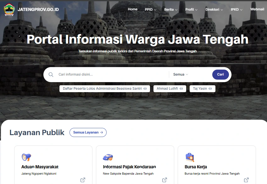 Tangkapan layar beranda portal jatengprov.go.id dengan latar belakang Candi Borobudur sebagai bagian utama dari Daftar Website Resmi Pemda Jateng yang menyajikan berita terbaru dan akses layanan publik online.