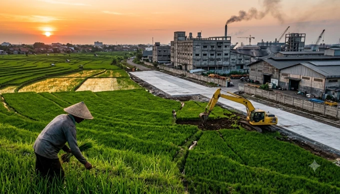 Ilustrasi petani di area persawahan hijau yang mulai tergerus oleh ekskavator dan kawasan industri, merepresentasikan alih fungsi lahan pertanian penyebab ancaman banjir di Semarang Barat.