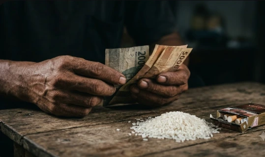 Close-up tangan pekerja keras yang sedang menghitung uang kertas Rupiah lusuh di dekat tumpukan beras dan rokok kretek di atas meja kayu, mewakili beban ekonomi penduduk miskin Jawa Tengah.