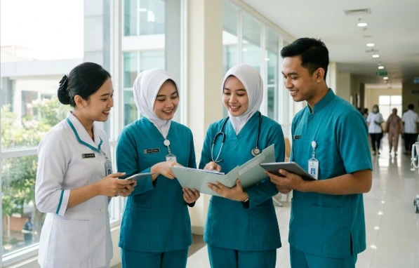 Empat tenaga kesehatan muda berdiskusi di koridor rumah sakit. Representasi visual tingginya serapan lowongan kerja kesehatan di Jawa Tengah berdasarkan data BPS 2026.