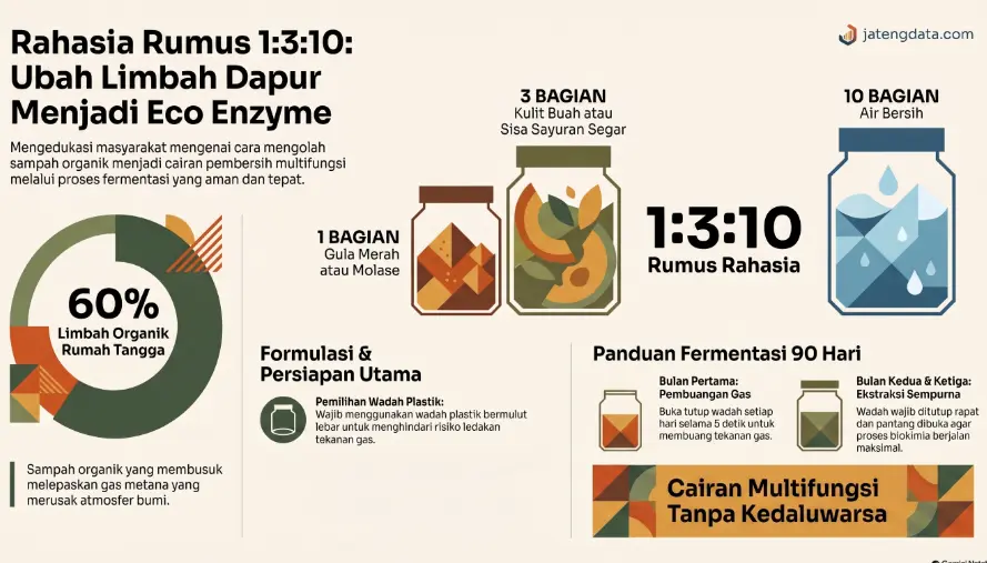 Infografis panduan cara membuat eco enzyme yang menampilkan rumus rasio 1:3:10, terdiri dari 1 bagian gula merah, 3 bagian sisa sayuran segar, dan 10 bagian air bersih, beserta instruksi fermentasi selama 90 hari.