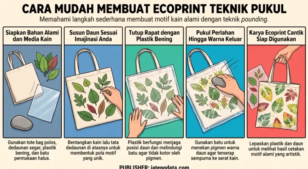 Infografis panduan lima langkah cara mudah membuat ecoprint teknik pukul atau pounding pada media tote bag menggunakan dedaunan segar, plastik bening, dan batu.