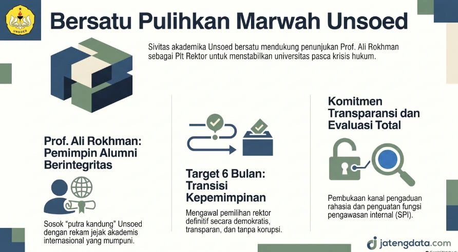 Infografis visual dukungan sivitas akademika terhadap penunjukan Plt Rektor Unsoed Prof Ali Rokhman pasca krisis tata kelola kampus