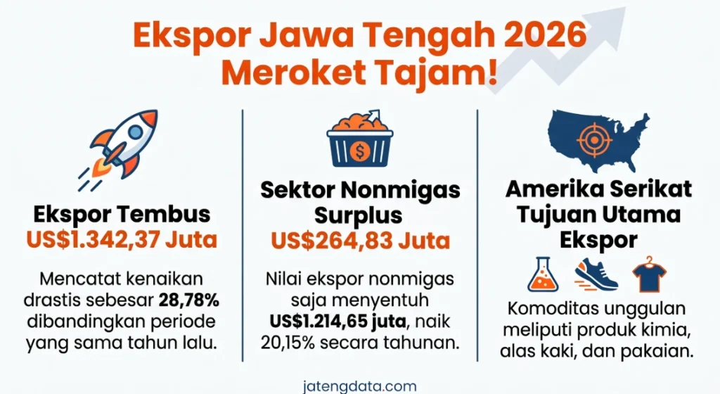 Infografis data statistik BPS yang menunjukkan nilai ekspor Jawa Tengah 2026 meroket tajam menembus US$1.342,37 Juta, dengan sektor nonmigas mencatat surplus US$264,83 Juta dan menjadikan Amerika Serikat sebagai tujuan utama.