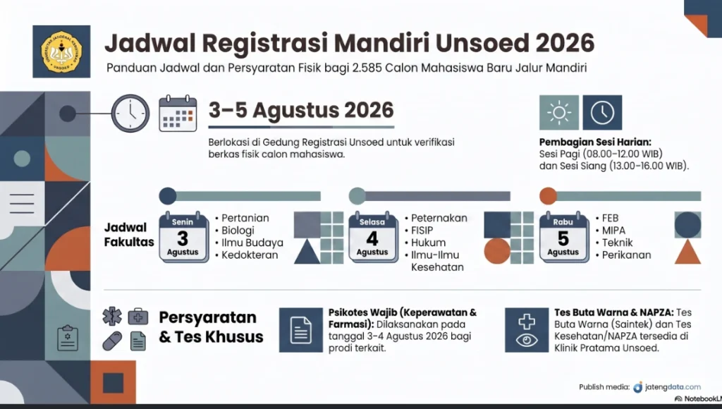 Infografis panduan jadwal lengkap registrasi fisik, verifikasi berkas, dan persyaratan tes kesehatan Jalur Mandiri Unsoed 2026 untuk 2.585 calon mahasiswa baru.