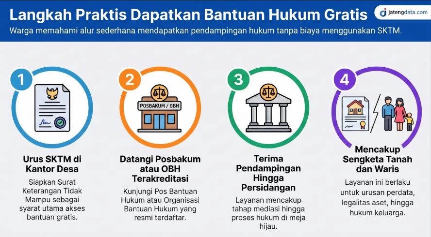Infografis 4 langkah praktis mendapatkan bantuan hukum gratis menggunakan SKTM untuk menyelesaikan sengketa tanah dan waris