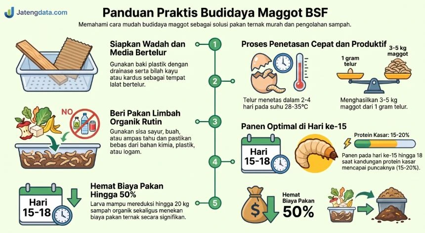Infografis panduan praktis budidaya maggot BSF langkah demi langkah mulai dari penyiapan wadah, penetasan, pemberian pakan organik, hingga waktu panen optimal.