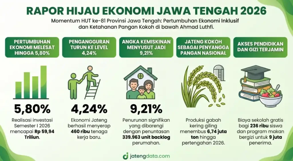 Infografis Rapor Hijau Ekonomi Jawa Tengah 2026 produksi jatengdata.com, menampilkan statistik keberhasilan Gubernur Ahmad Luthfi dalam memacu pembangunan Jateng, bukti kemiskinan Jateng turun, serta kokohnya ketahanan pangan pada momen HUT ke-81 Jateng.