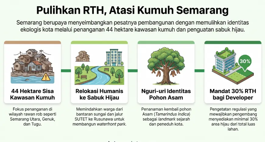 Infografis strategi pemulihan ruang terbuka hijau Semarang dan penanganan permukiman kumuh Semarang, menampilkan empat langkah utama: penanganan 44 hektare sisa kawasan kumuh, relokasi humanis, penanaman pohon asam, dan mandat 30 persen RTH bagi developer.