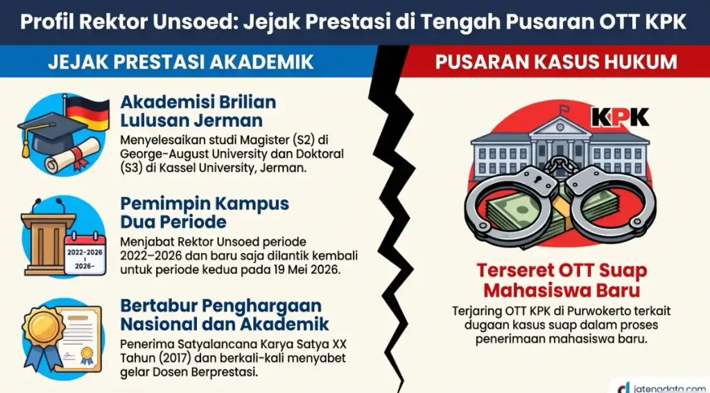 Infografis profil Rektor Unsoed Prof Akhmad Sodiq yang membandingkan jejak prestasi akademiknya sebagai lulusan Jerman dengan realita penangkapannya dalam OTT KPK terkait kasus suap mahasiswa baru.