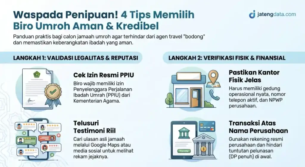 Infografis Jateng Data menyajikan empat panduan memilih biro umroh kredibel, meliputi pengecekan izin resmi PPIU Kemenag, penelusuran testimoni riil, verifikasi kantor fisik, hingga keamanan transaksi ke rekening perusahaan.