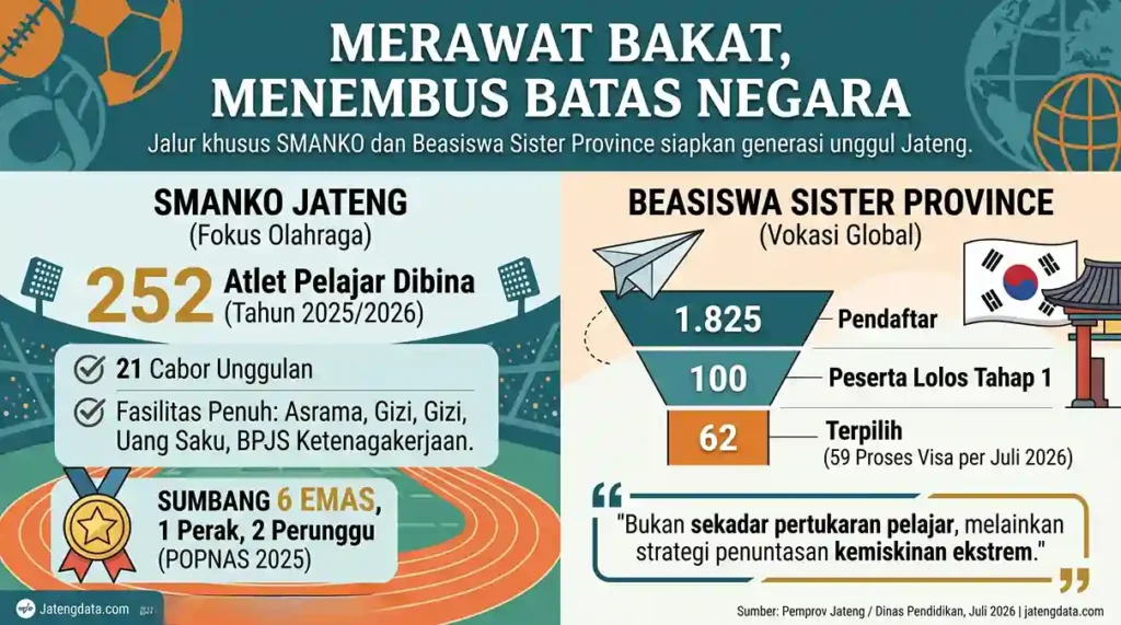 Infografis capaian jalur prestasi pendidikan Pemprov Jawa Tengah yang menampilkan data 252 atlet SMANKO Jateng dan proses seleksi 62 peserta terpilih Beasiswa Sister Province ke Korea Selatan.