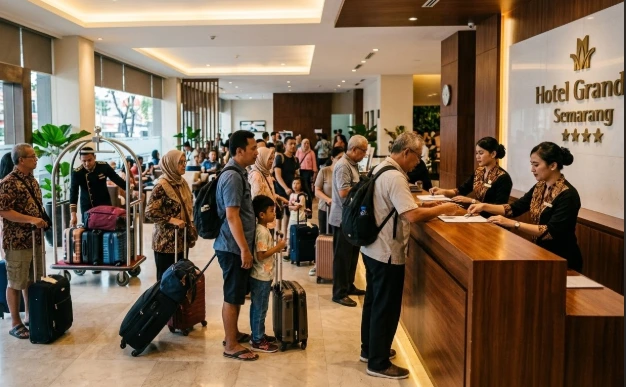Suasana sibuk wisatawan nusantara dan mancanegara mengantre check-in di meja resepsionis hotel bintang 4 di Semarang, menggambarkan tingginya tingkat hunian kamar.