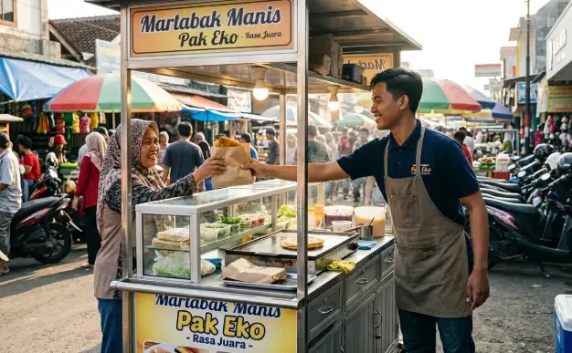Penjual martabak manis Pak Eko sedang melayani pembeli di pasar malam yang ramai, digunakan sebagai ilustrasi rekor 61 persen atau 13 juta jiwa warga yang kini menjadi pekerja informal di Jawa Tengah menurut data BPS 2026.