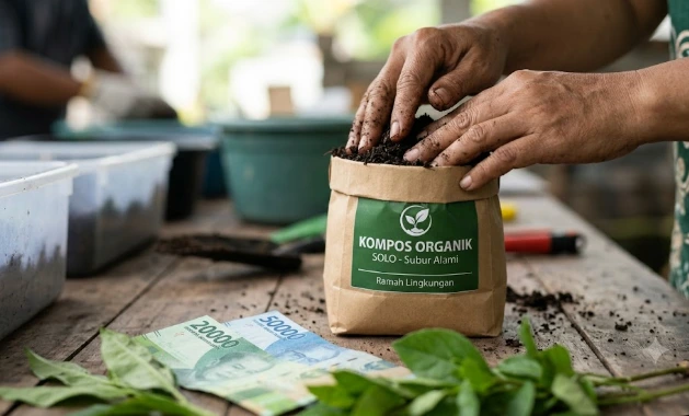 Tangan warga Solo mengemas pupuk kompos organik dengan latar lembaran uang rupiah, melambangkan keberhasilan program pengelolaan sampah Surakarta yang bernilai ekonomi.
