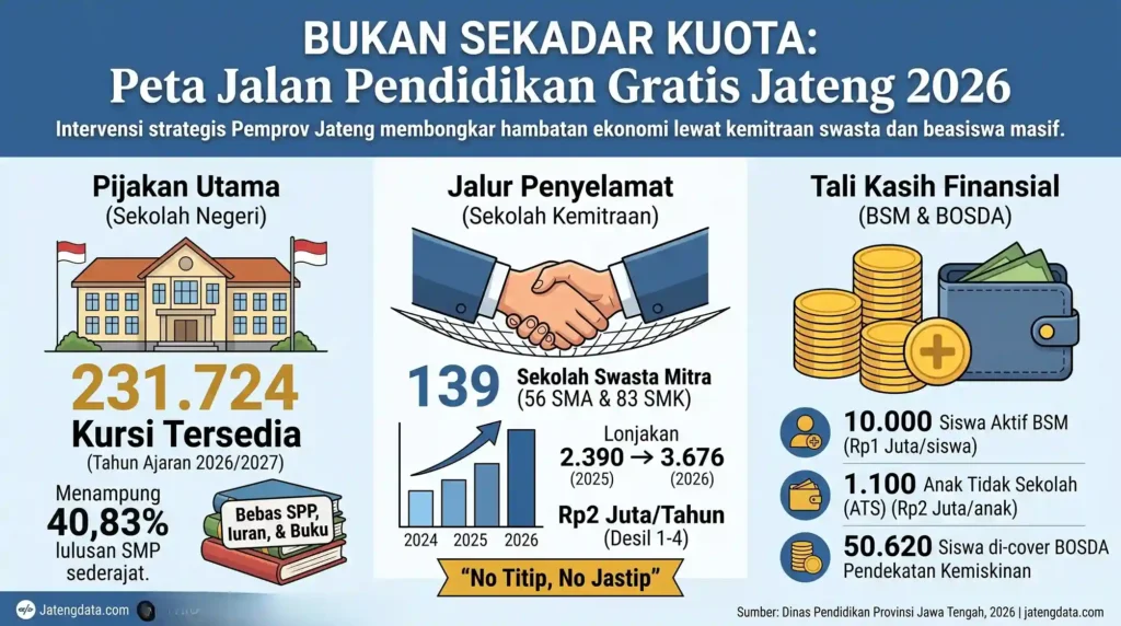 Infografis Pemprov Jateng mengenai Peta Jalan Pendidikan Gratis 2026. Menampilkan tiga panel data utama: "Pijakan Utama (Sekolah Negeri)" dengan detail kuota dan bebas biaya; "Jalur Penyelamat (Sekolah Kemitraan)" dengan detail sekolah swasta mitra dan subsidi; dan "Tali Kasih Finansial (BSM & BOSDA)" dengan detail beasiswa dan bantuan siswa