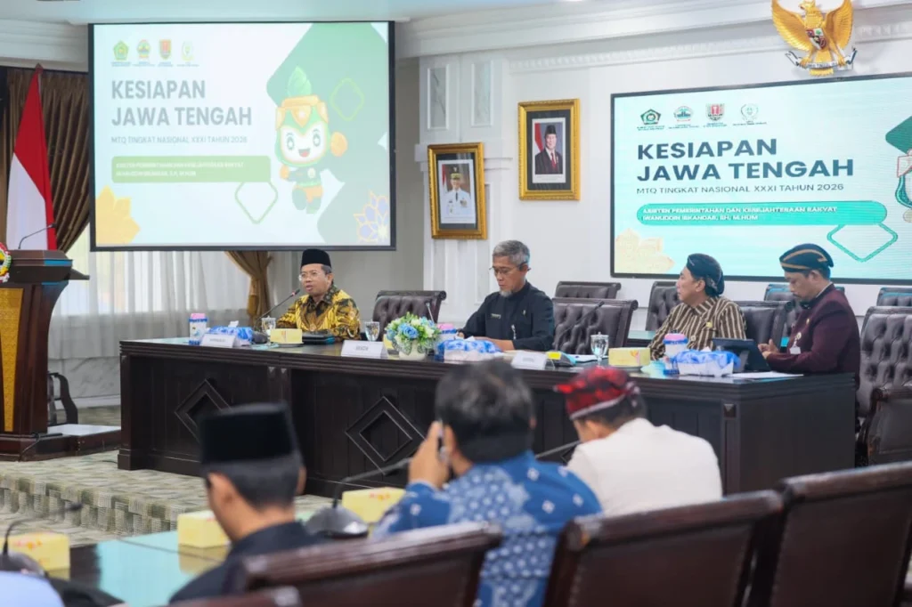Suasana rapat koordinasi kesiapan Jawa Tengah sebagai tuan rumah MTQ Nasional 2026 yang membahas inovasi cabang eksibisi disabilitas tuli muslim dan majelis etik hakim.