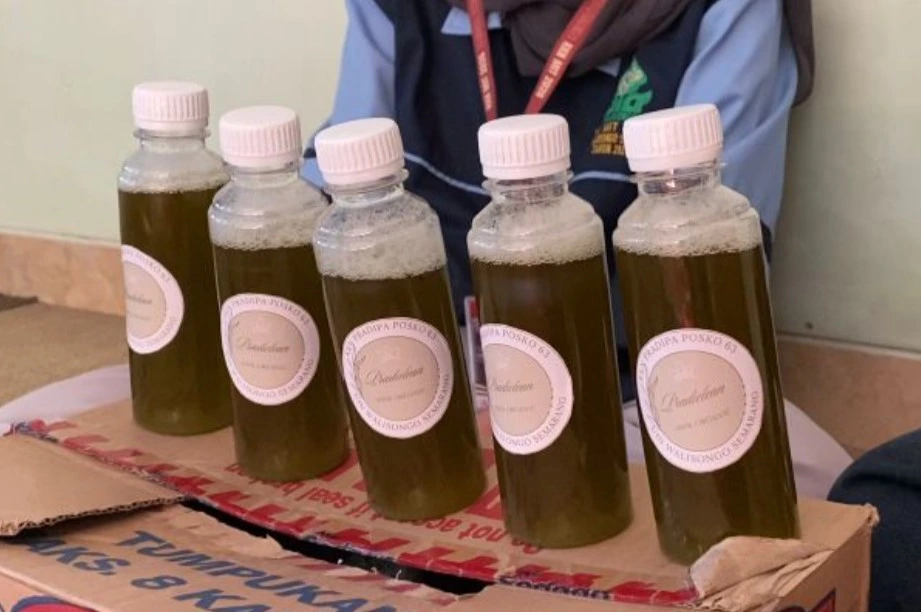Botol berisi cairan sabun cuci piring hasil inovasi cara membuat sabun cuci piring dari daun pandan oleh mahasiswa KKN UIN Walisongo Semarang.