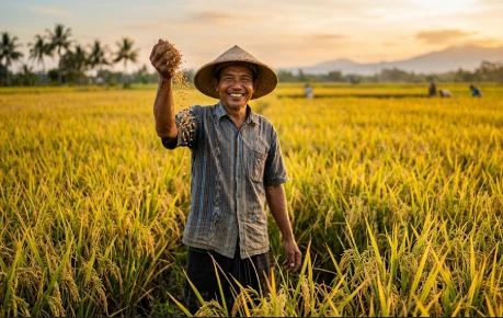 Petani Jawa Tengah tersenyum optimis sambil mengepalkan tangan di tengah sawah padi yang menguning, mengilustrasikan kebahagiaan atas jaminan gaji petani setara UMR dari program JTAB.