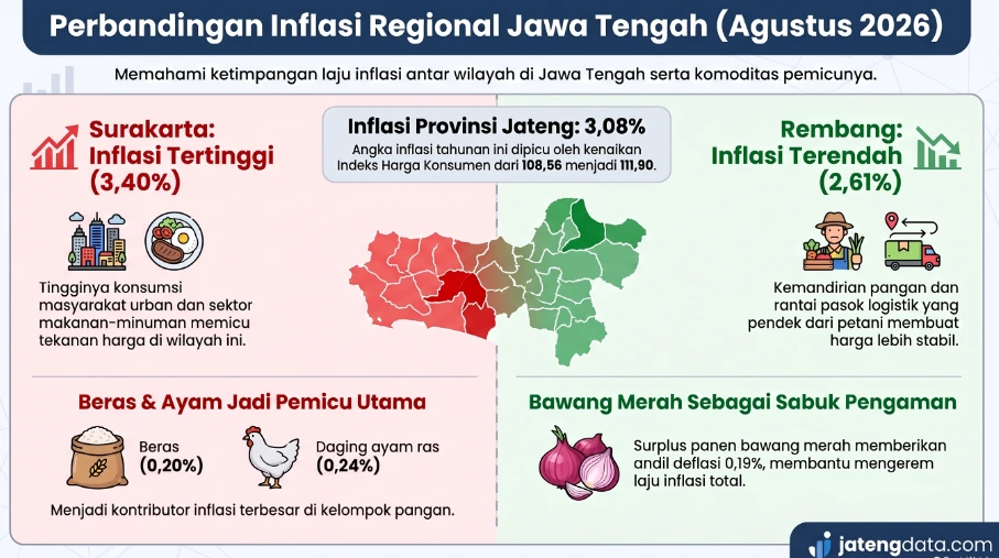 Infografik perbandingan inflasi regional Jawa Tengah bulan Agustus 2026 yang menyoroti Surakarta dengan inflasi tertinggi 3,40 persen dan Rembang terendah 2,61 persen, merepresentasikan peta kondisi ketahanan pangan Jateng