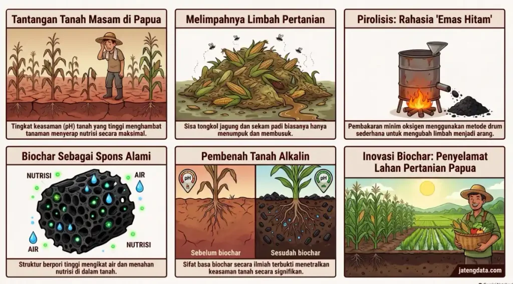 Infografis enam panel menjelaskan tantangan tanah masam di Papua, proses pengolahan limbah pertanian menjadi biochar, dan manfaatnya menyuburkan tanaman.