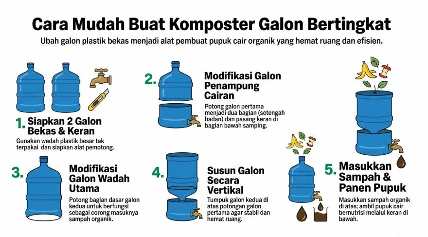 Infografis lima langkah panduan cara mudah membuat komposter galon bertingkat untuk pengolahan sampah organik dan limbah dapur rumah tangga.