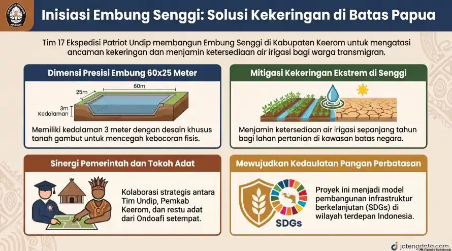 Infografis berjudul Inisiasi Embung Senggi yang memaparkan empat pilar utama proyek Tim 17 Ekspedisi Patriot Undip: rancangan dimensi presisi 60x25 meter, mitigasi kekeringan lahan, sinergi pemerintah dengan tokoh adat, dan perwujudan kedaulatan pangan perbatasan.