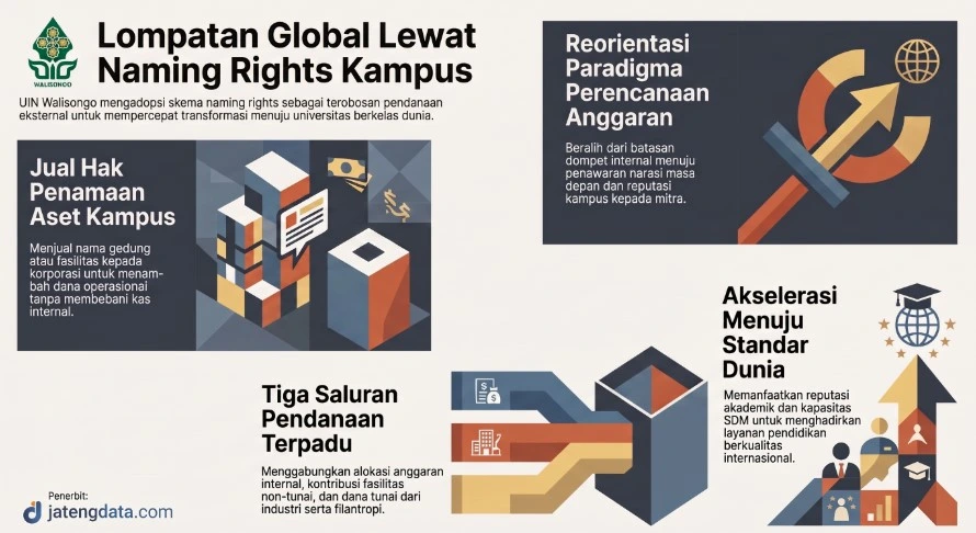 Infografis skema naming rights kampus dan terobosan pendanaan eksternal UIN Walisongo Semarang.